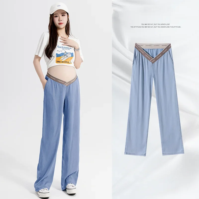 Jeans Summer Thin Denim Maternity Straight Pants Low Waist U Belly Clothes for Pregnant Women Wide Leg Loose Pregnancy Trousers