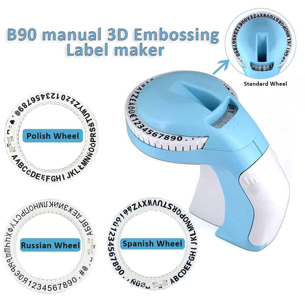 B90 Manual Label Printer Typewriter 9mm 3D Embossing Label Tape for Dymo 12965 E101 （Russian, Polish，Spain Wheel）