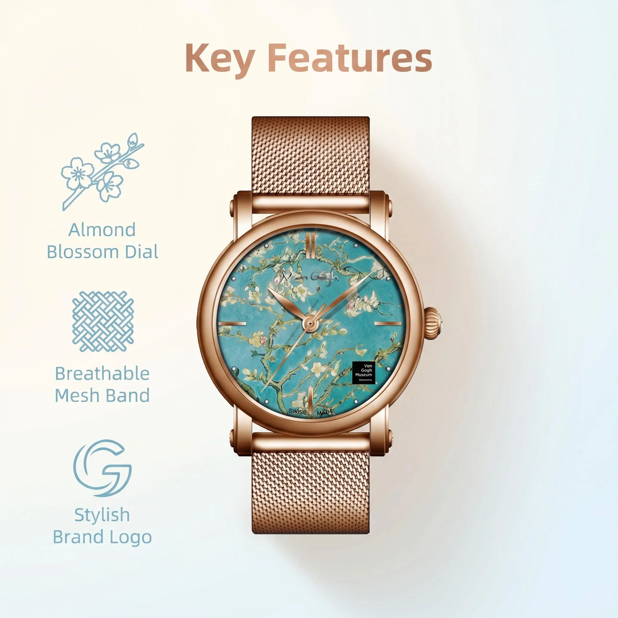 VAN GOGH Women’s Watch, Waterproof Stainless Steel Mesh Strap, Sport Quartz Ladies Wristwatch