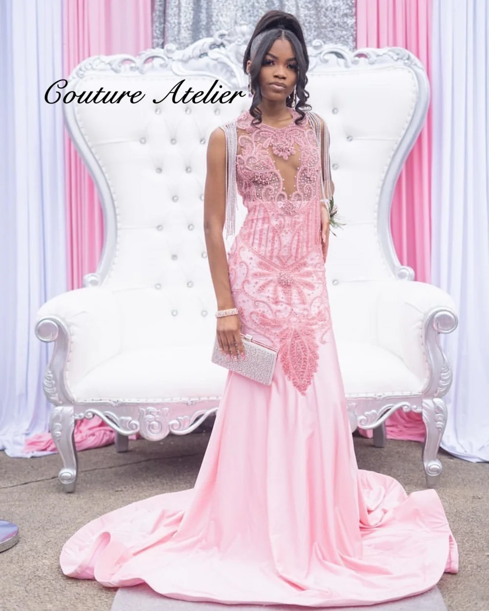 

Sweety Pink Rhinestones Prom Dress For Blackgirls Tassels Mermaid Graduation Dress See Thru Party Dress Backless Customized