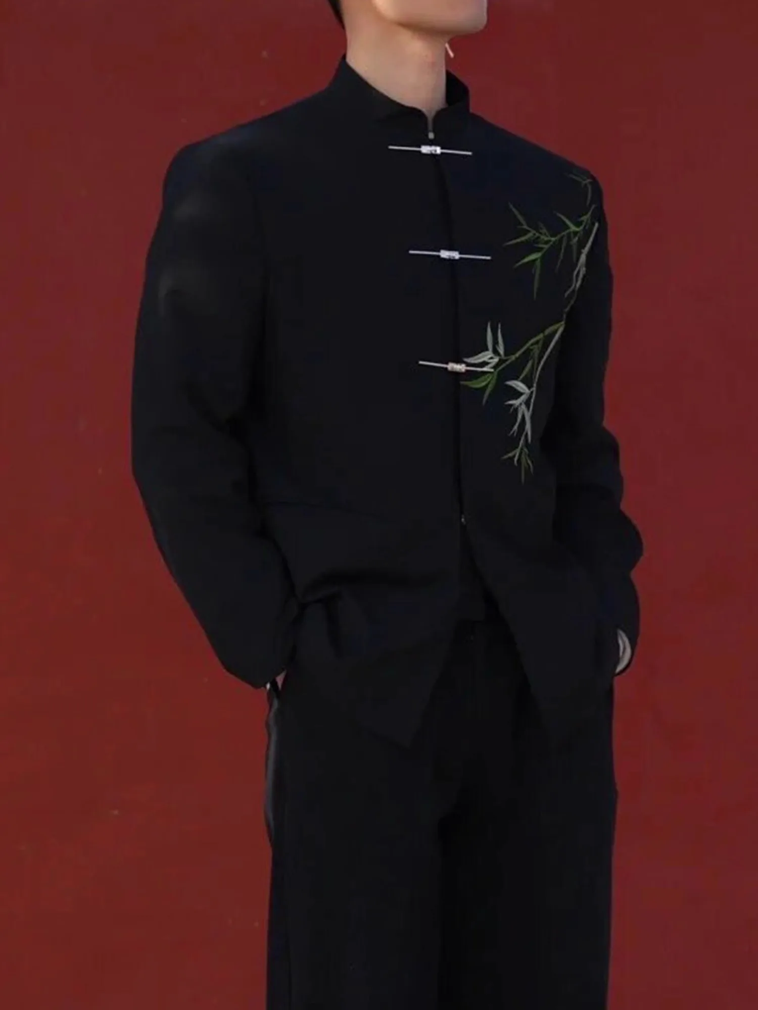 

New Chinese Sle Men's Embroidered Bamboo Stand Collar Jaet Haome Tailored Design Zhongan Tang Costume Casual Wear