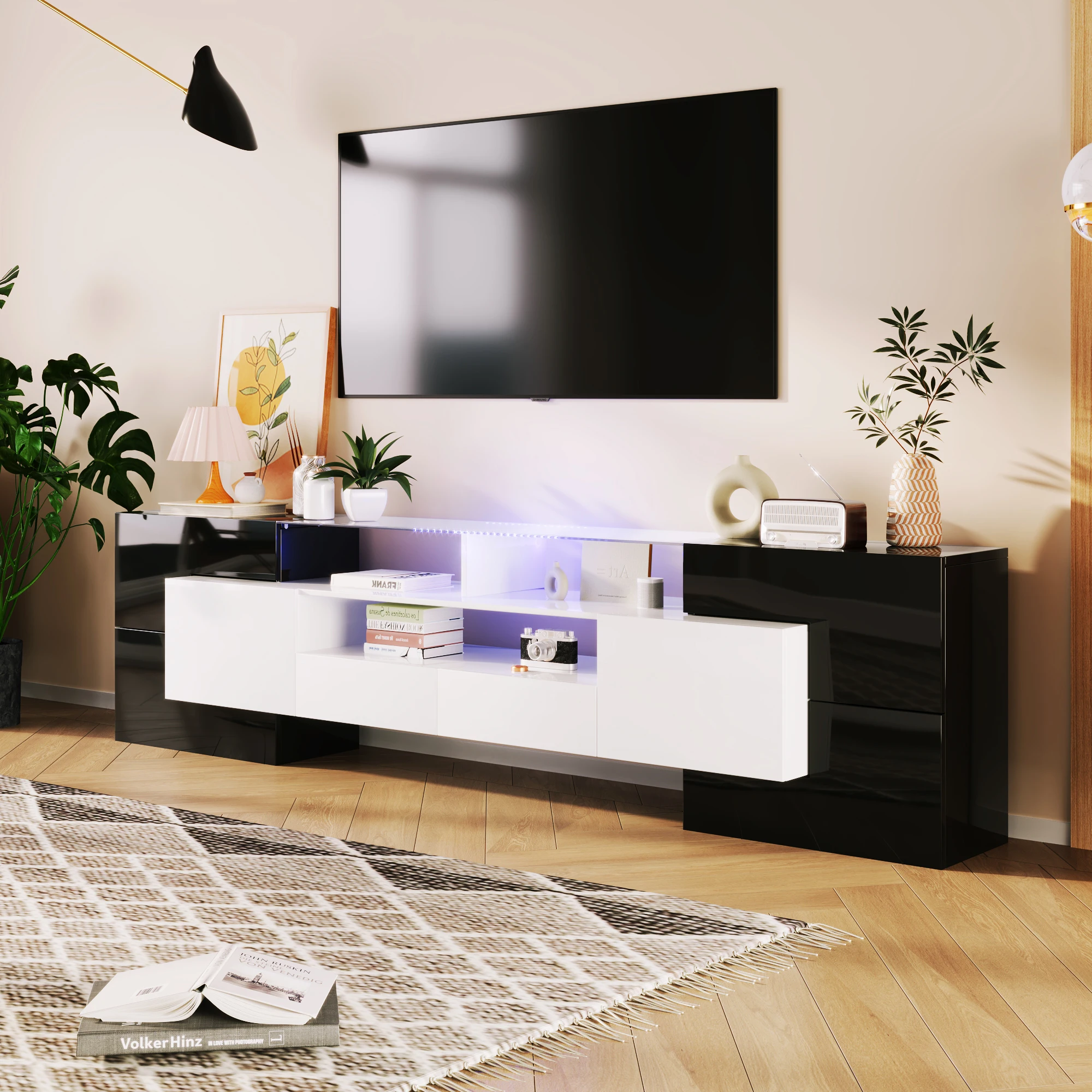 Meuble TV élégant - avec éclairage LED et surface en verre, style moderne pour salon - MDF - noir et blanc - 200x35x60 cm
