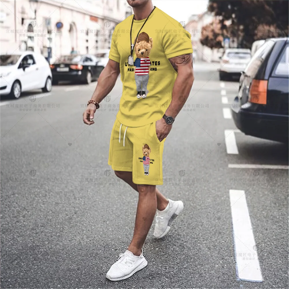 2023 New Men\'s T-Shirt Set Bear Luxury Brand High Quality Shorts Activewear 2 Piece Set Fashion Print Summer Men\'s Streetwear