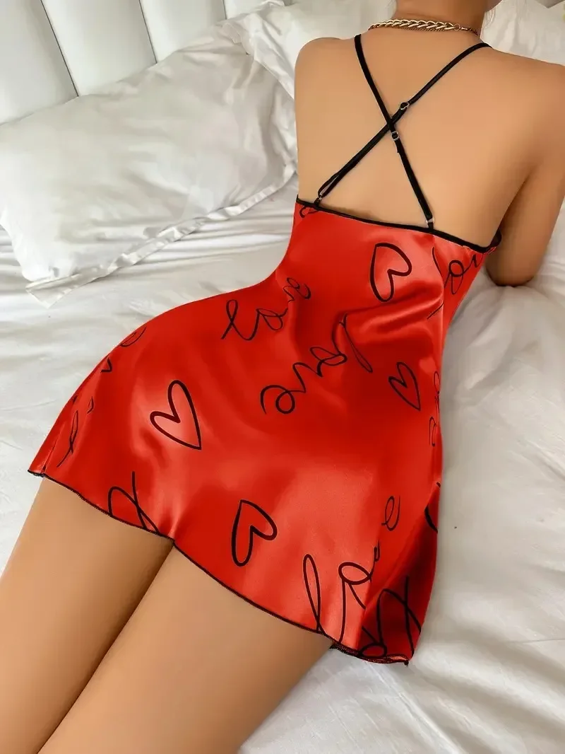 Heart Letter Printed Satin Round Neck Nightgowns for Women Sleepwear Sexy Lingerie Backless Nighties Dress Nightdress