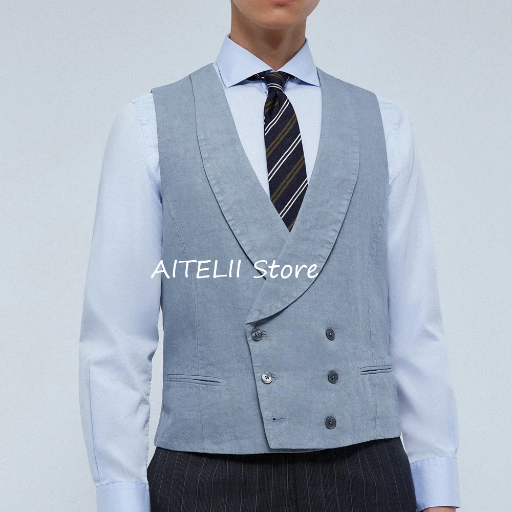 Casual Vest Man Double-breasted ผ้าลินินผ้าเสื้อสําหรับชายตรงกระเป๋าผ้าคลุมไหล่ทํางานฤดูร้อนเสื้อกั๊กแฟชั่นชุดผู้ชาย
