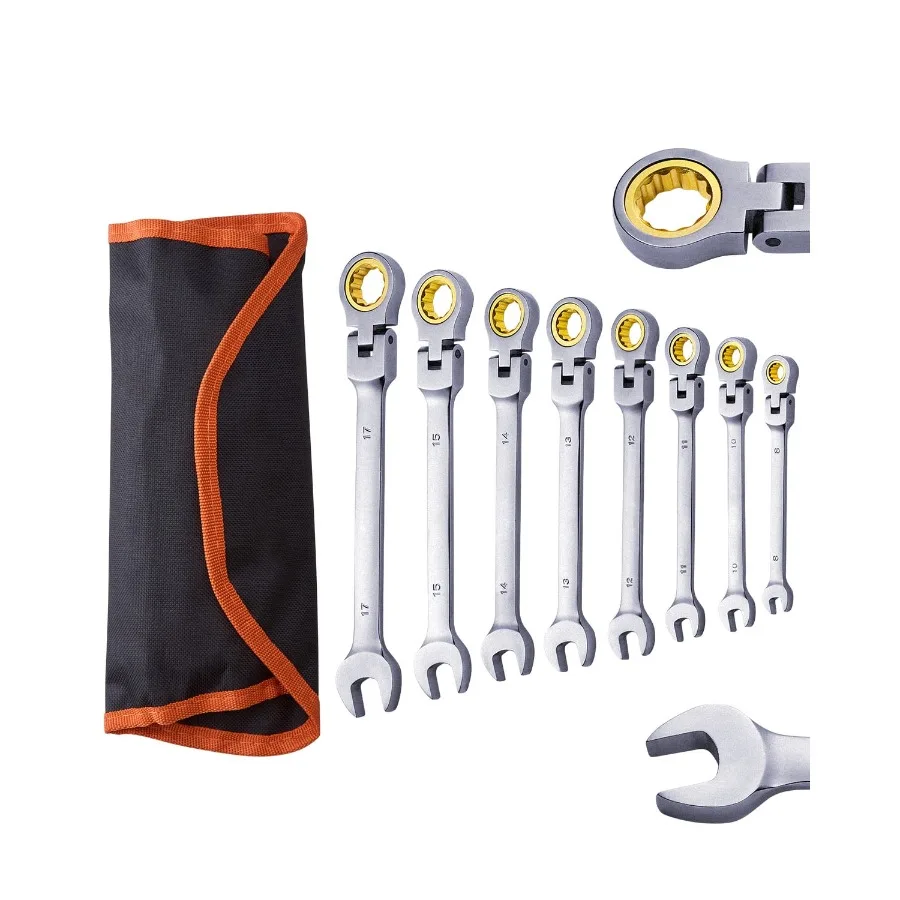 

8-Piece Flex-Head Ratcheting Wrench Set with Roll-Up Pouch Crafted from Cr-V Steel Combination Wrenches in Metric Sizes 8 mm to