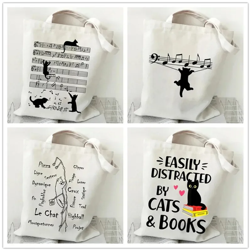 Musical Symbol Cat Women Shoulder Bags Harajuku Shopper Canvas Handbag Reusable Large Capacity Tote Bag Graphic Student Handbags