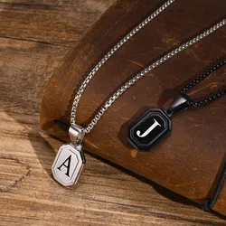 Custom Initial Geometric Necklaces for Men, Waterproof Stainless Steel Square Rectangle Pendant, A-Z Letter Collar Gifts for Him