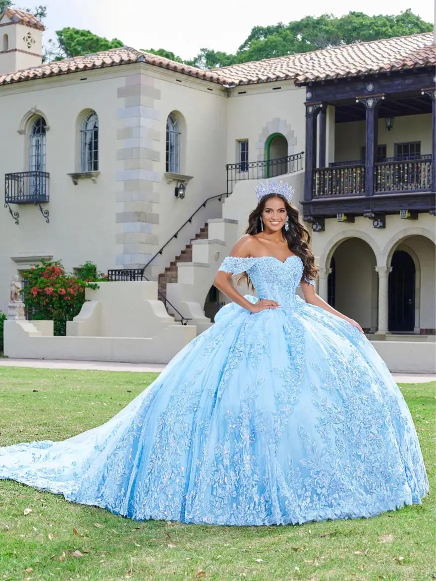 Vestido Quinceanera Lorencia azul lavanda, vestido de baile, apliques de beading, renda doce 16 15 anos, YQD121, 2024