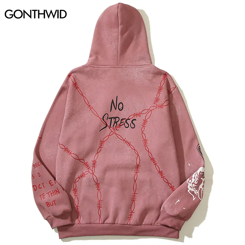 Hip Hop Pink Fleece Hoodie Streetwear Skull Graffiti Letter Graphic Print Punk Goth Hooded Sweatshirt 2023 Men Harajuku Pullover