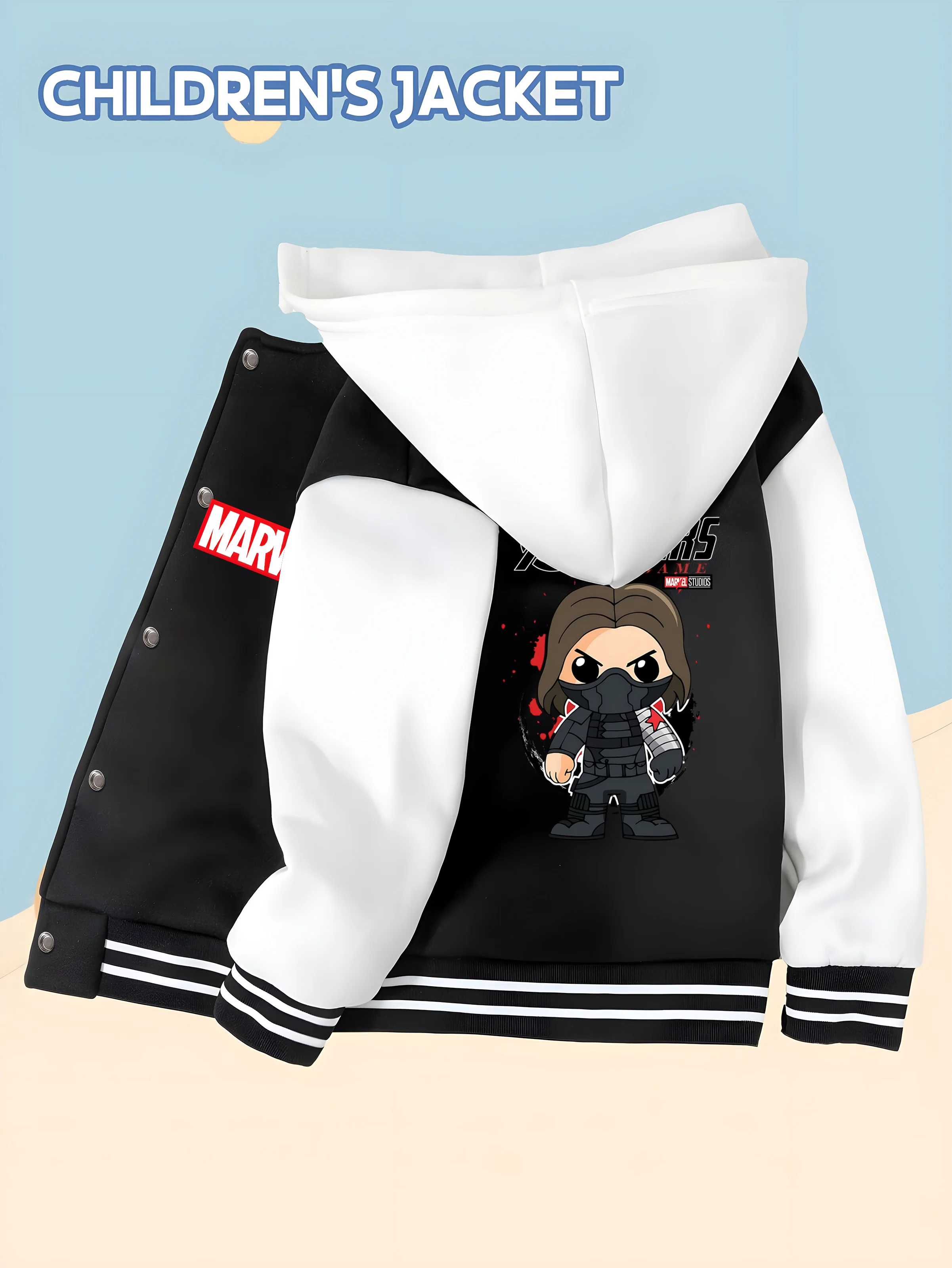 

MINISO Marvel Boys' Baseball Jacket - Winter Soldier Print, Double-sided Pattern, Comfortable Fabric, Black and White, Fashionab