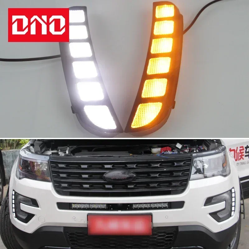 

Car LED DRL 12V Daylights For Ford Explorer 2016 2017 Yellow Turn Signal Daytime Running Headlamps Auto Driving Lamp Foglamps