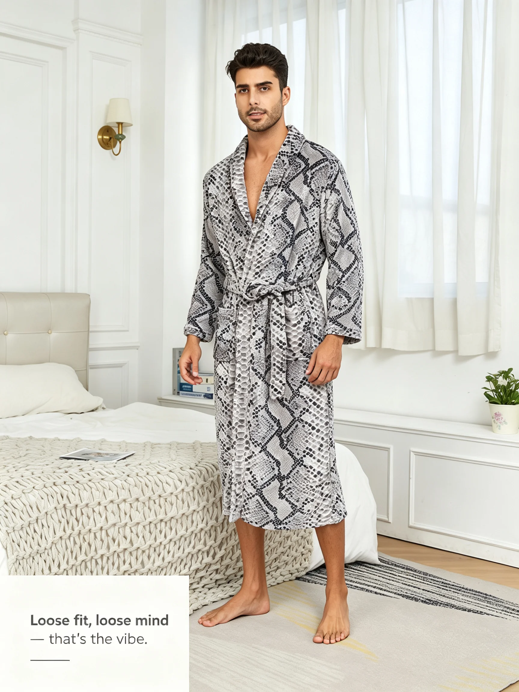 Men's Bathrobe High-end Menswear Soft Fleece Long Sleeve Robe With Pockets Tie Waist Loose Home Loungewear Clothes For Men