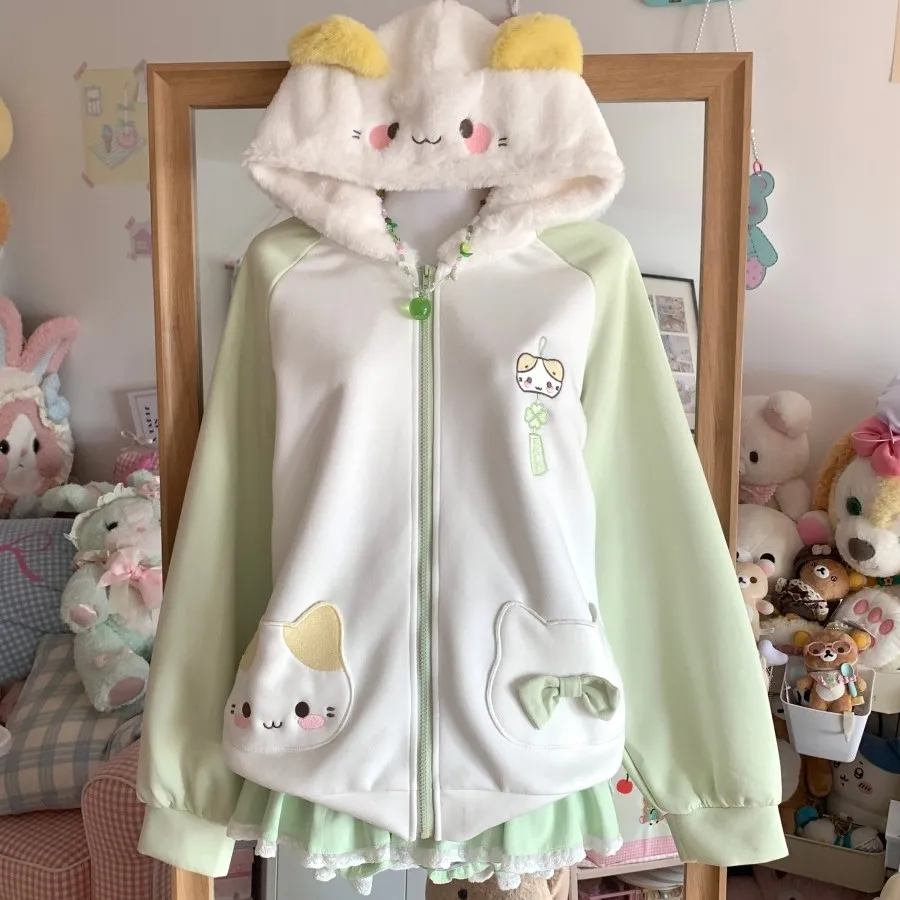 الأصلي اليابانية لينة الفتيات القط طباعة هوديي ربيع الخريف طالب Y2K فضفاض سليم Kawaii هوديي سستة سترة سترة تنورة