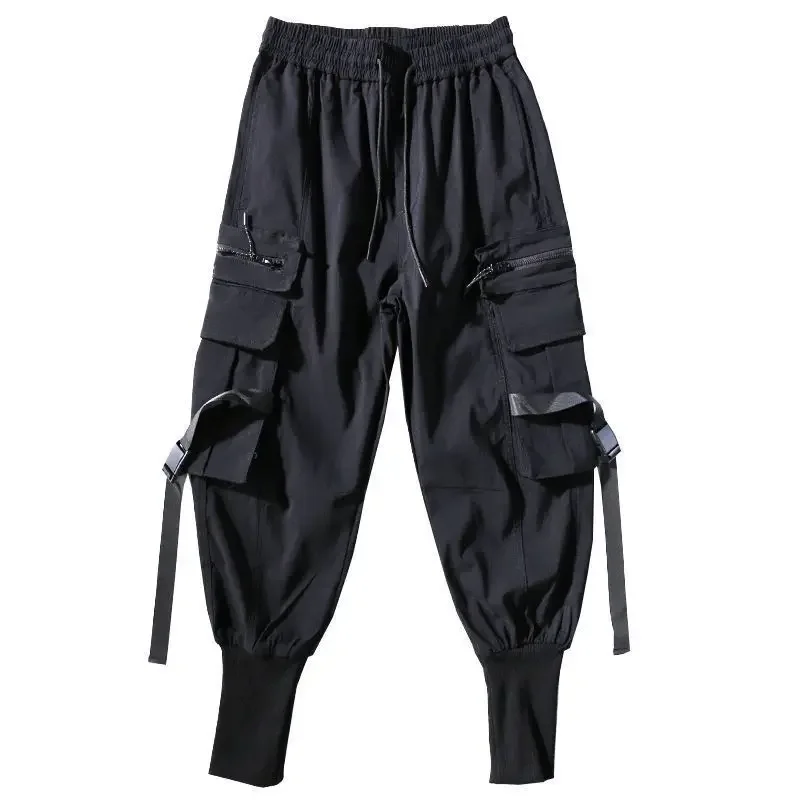 Harajuku Fashion Cargo Pants Jogger Men Casual Sports Black Pants Men Trousers Pockets Ribbons Decoration Mens Hip Hop Clothing