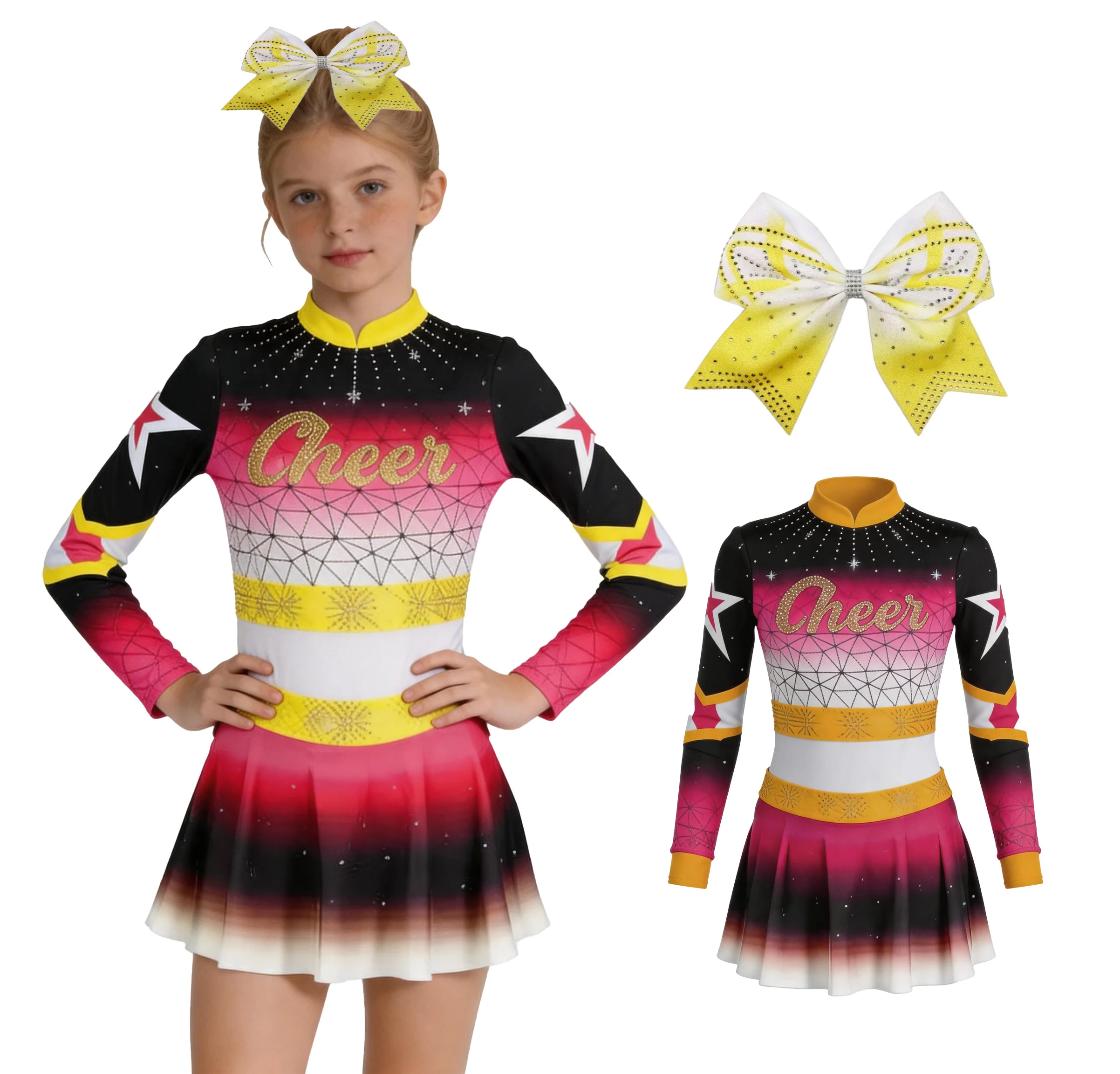 Girls Cheerleading Uniform Long Sleeve Red Black Gradient Rhinestone Cheer Dress Bow Kids Cheerleader  Dance Costume Competition