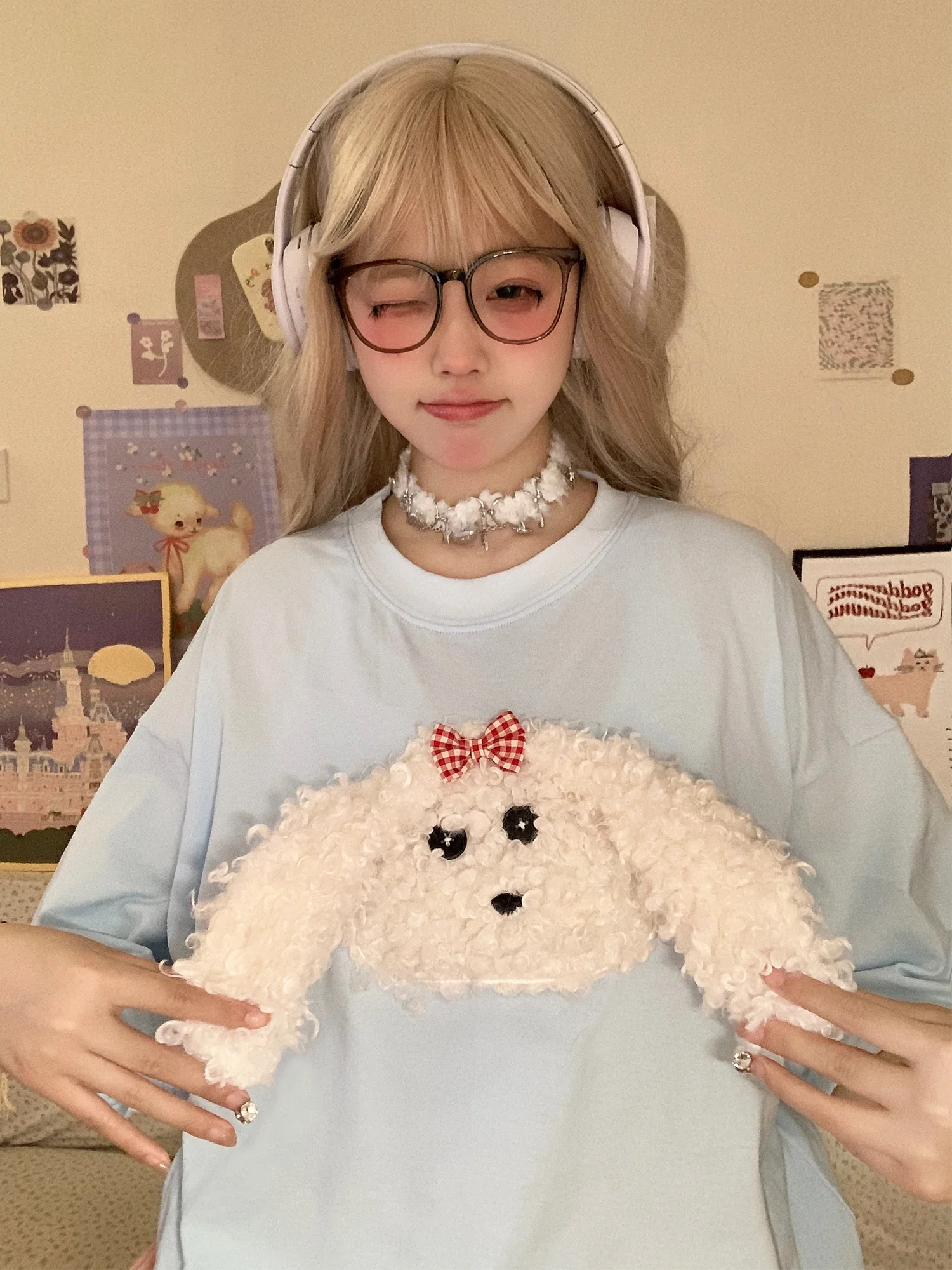 Back Ribbon Lace Up Plaid Bow Stitch Dog Graphic Cartoon T-shirt Tshirt Oversized Loose Top harajuku fairycore 2000s y2k grunge