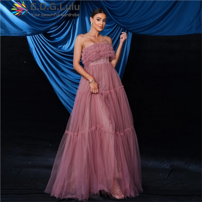 EDGLuLu Strapless Mesh Gauze Pink Birthday Dress Women 2024 Sleeveless Backless Party Long Evening Gown 1130