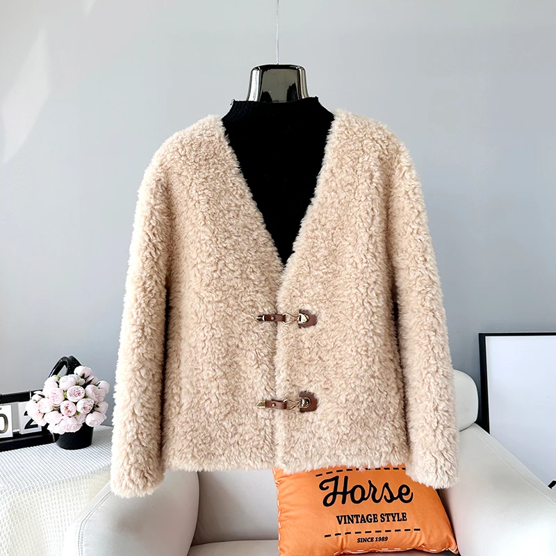 

Female Girl V-neck Pellet Sheep Shearling Coat 2023 New Lady Lamb Wool Short Jacket Overcoat JT3489