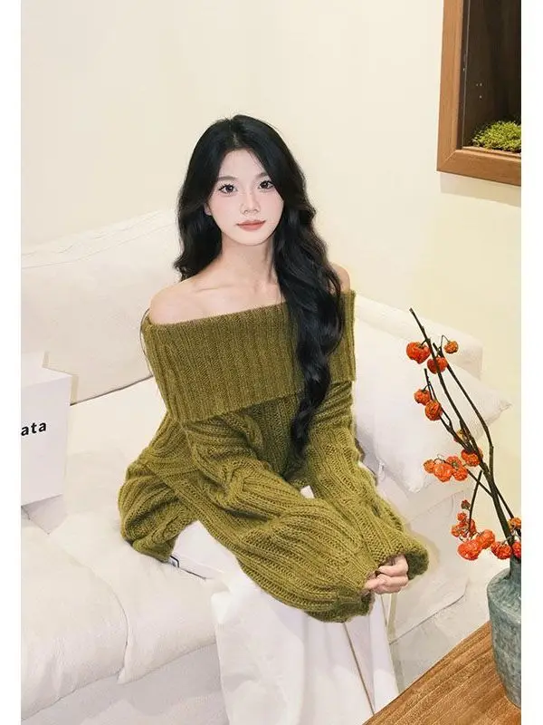 

Korean Sle Aosphere One oulder Knitted Sweater Women's Autumn New Unique Personali Thin Top Girls