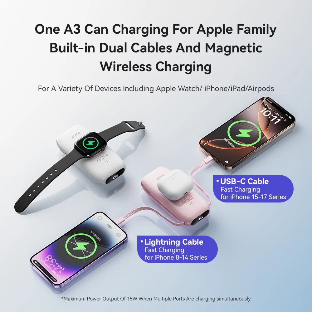 شاحن Zime 3 في 1 اللاسلكي المحمول بقوة 10000 مللي أمبير في الساعة مع حامل حلقي بحجم صغير لسلسلة Apple وساعة Apple