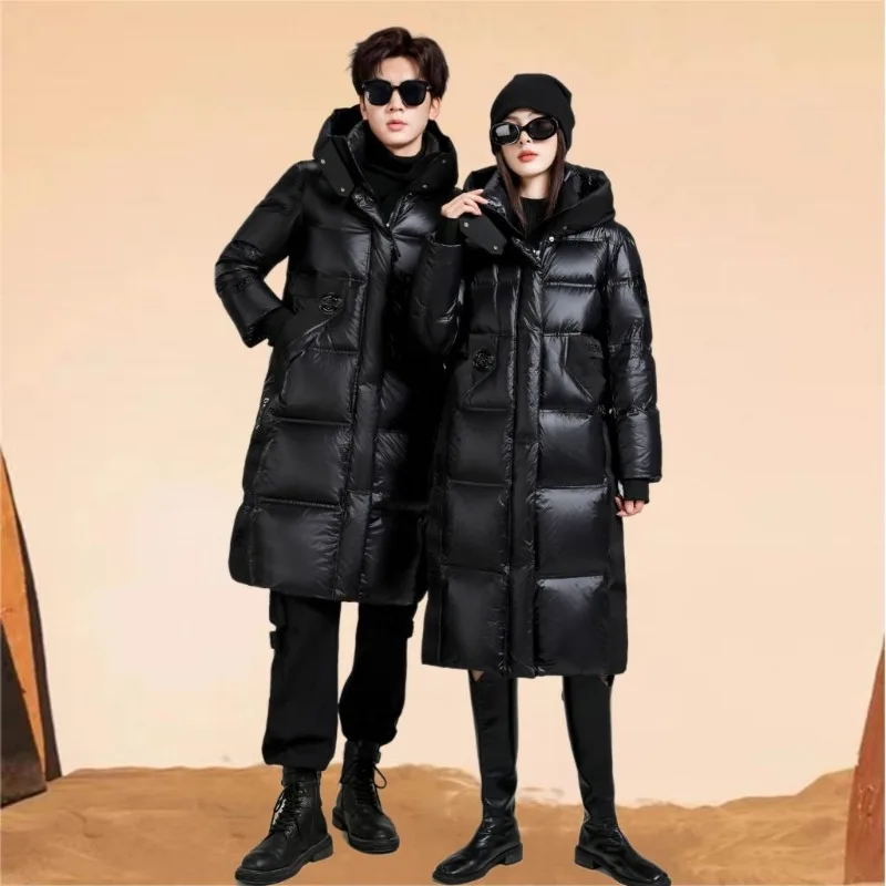 New Winter 90% White Duck Down Couple Hooded Coat X-long Down Coat Men Women Thick Warm Down Coat Windproof Outerwear Clothing