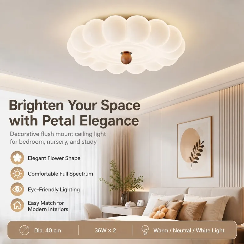 

Cloud Flower Ceiling Light Full Spectrum LED Flush Mount 40cm 3 Color Change for Bedroom Kids Room Study Room Home Ceiling Light