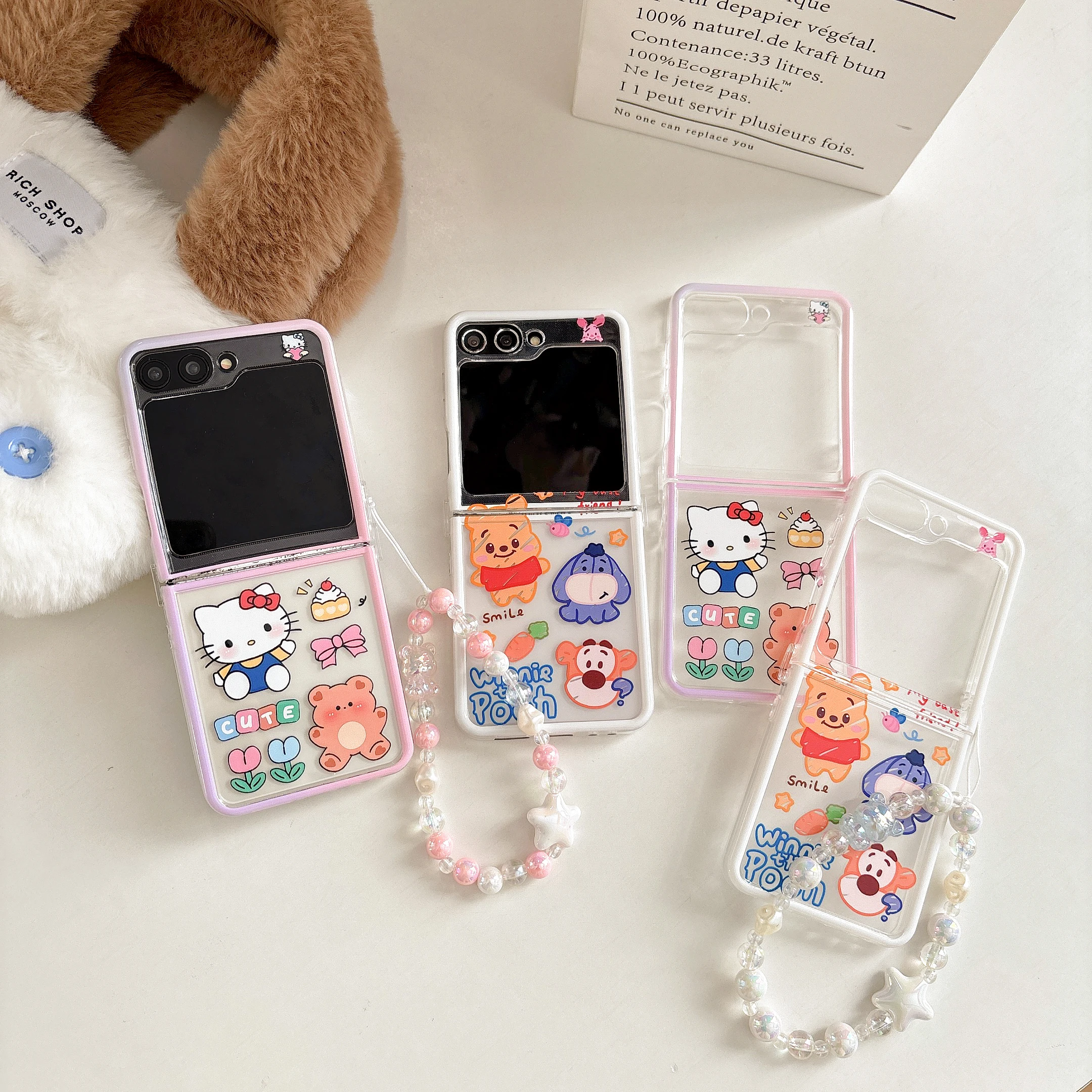 Cartoon Pooh Bear With Lanyard phone Case for Samsung Galaxy Z Flip 6/5 Z Flip 4/3 Kawaii Hello Kitty Lucency Protect Rear Cover