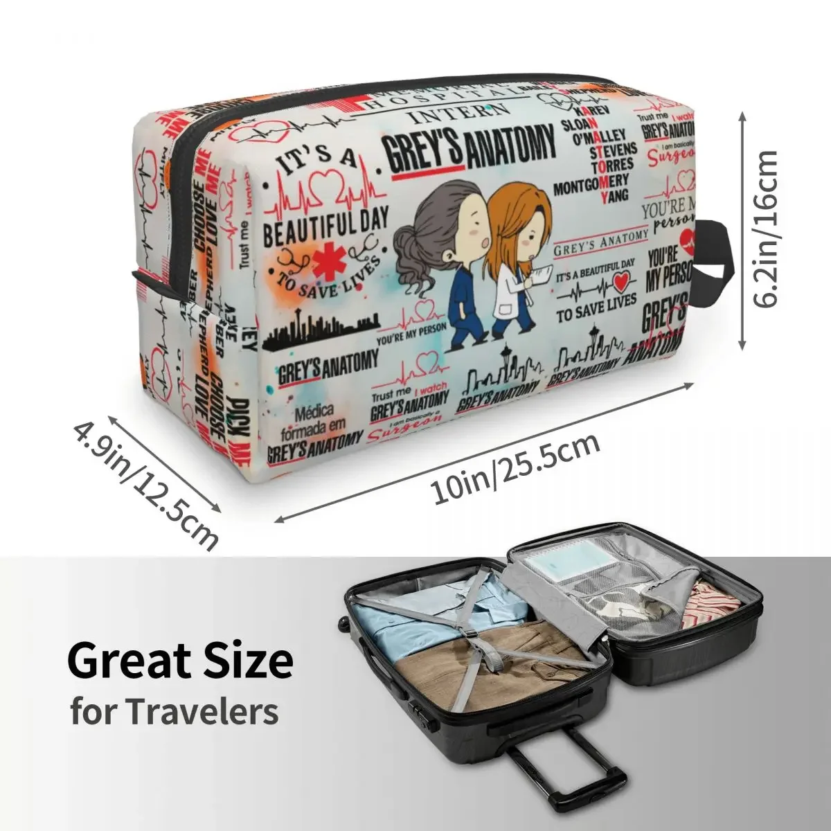 Cute Cartoon Greys Anatomy Quote Collage Travel Toiletry Bag for Women Makeup Cosmetic Bag Beauty Storage Dopp Kit