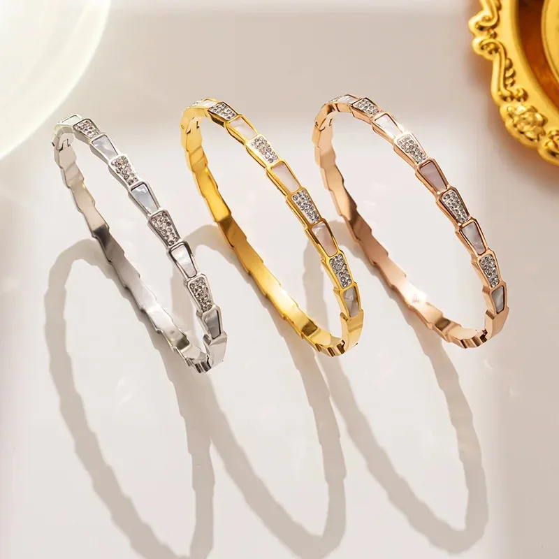 

Stainless Steel Luxury Shiny AAA Cubic Zirconia Snake Bone Bangles Female Sliver Color Wedding Party Cuff Bracelet for Women