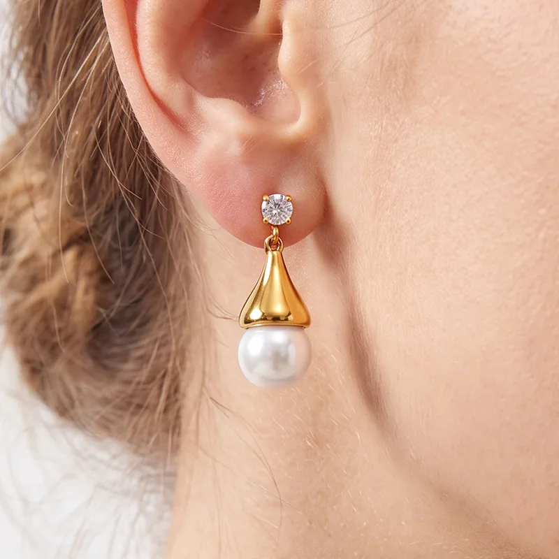 Geometric Metal Water Drop Pearl Pendant Stud Earrings for Women Stainless Steel Round Zircon Minimalist Cold‑Tone