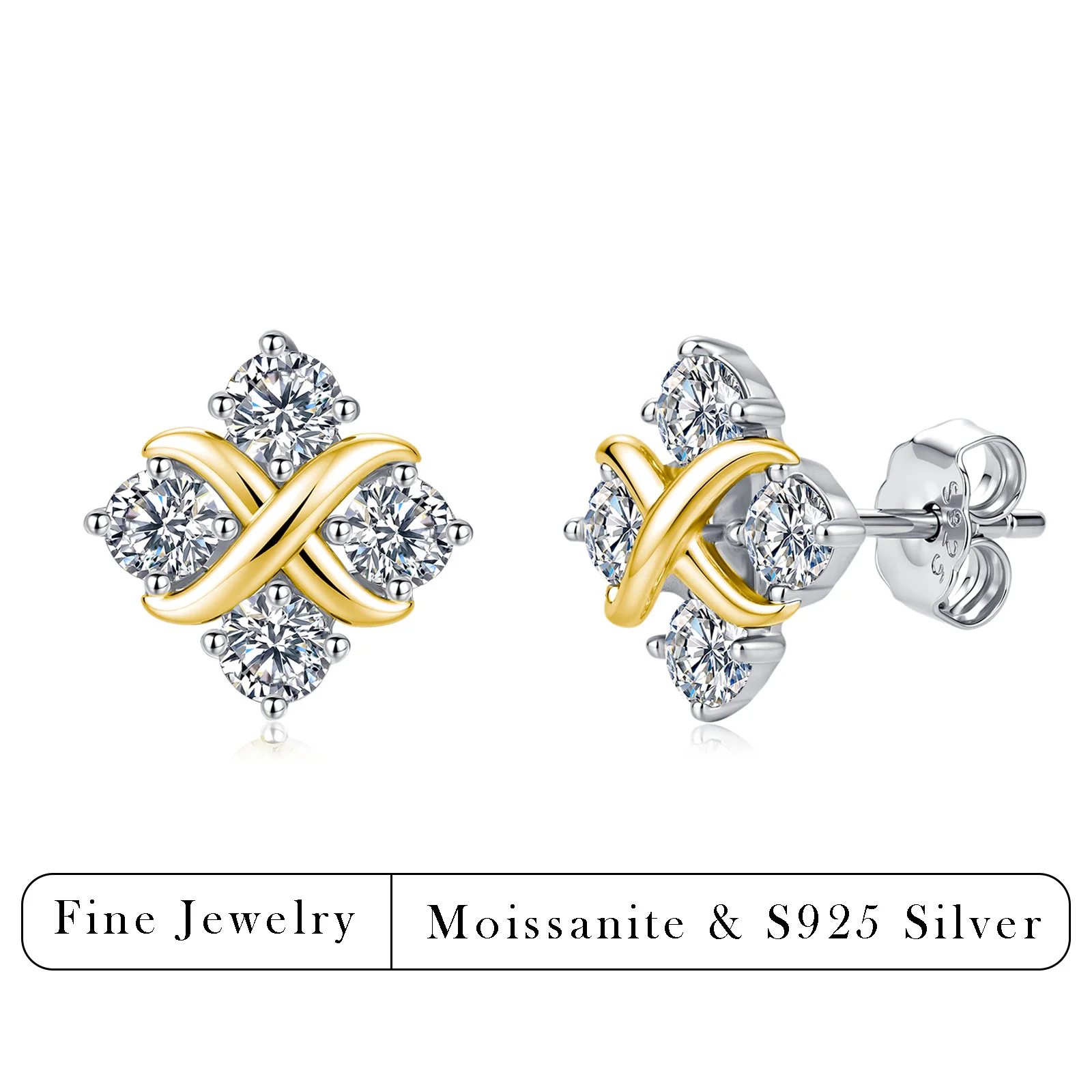 0.8CTW Round Moissanite Four Leaf Flower Stud Earrings 925 Sterling Silver Two Tone X Cross Jewelry For Women Gift