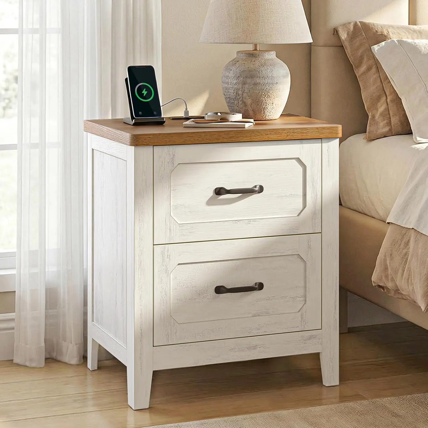 

Farmhouse Nightstand with Charging Station, 22'' Wide Bedside Table with 2 Drawers & Metal Handle, Wood Night Stand, Customized