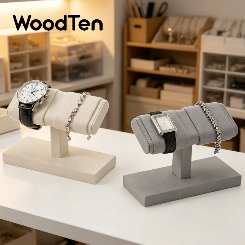 Support double pour montres WoodTen, présentoir de rangement en microfibre pour montres, bijoux et bracelets, organisateur de bracelets, support de présentation pour montres