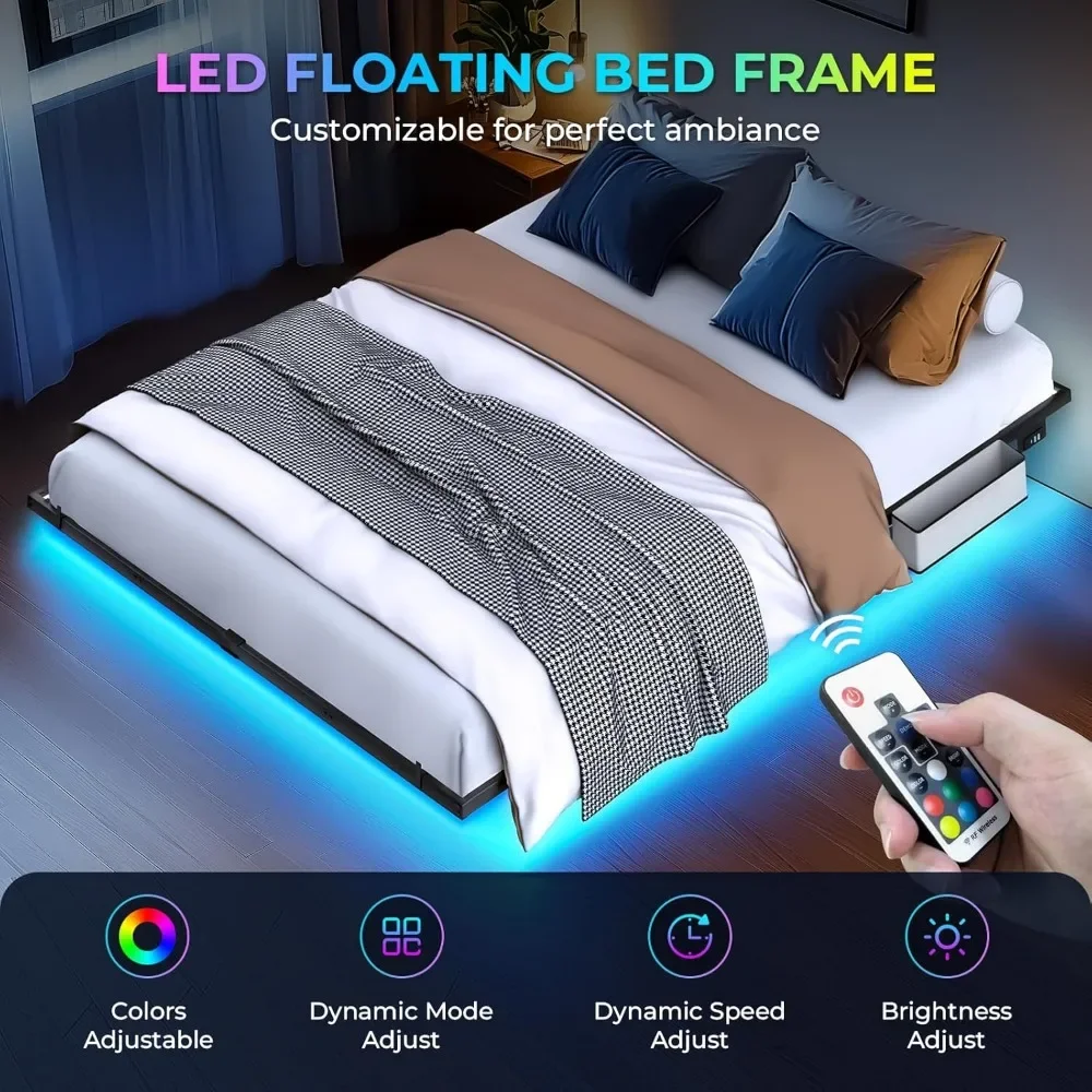 Estrutura de cama flutuante grande com rack de armazenamento de cabeceira, estrutura de cama flutuante LED com estação de carregamento, 4 blocos deslizantes de colchão