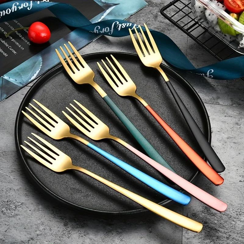 6pcs 304 Stainless Steel Forks, Long Handle And Thickened, Premium Dinner Forks, Salad, Dessert, And Fruit Forks, Available In Six Colors, Golden And Silvery-Tone, Vibrant And Beautiful, Suitable For Restaurants, Homes, Camping Parties, 20.7Cm/8.2In