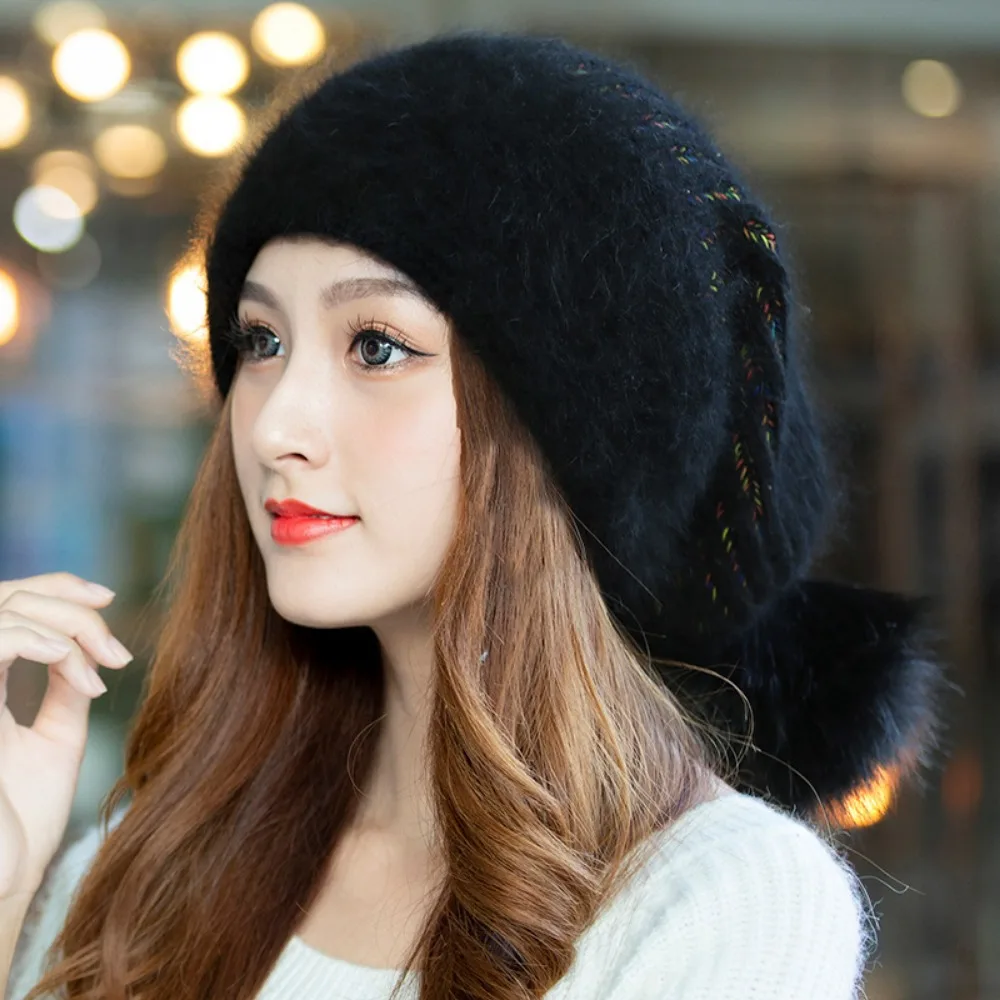 Women Winter Hat Decorate Beanie Hats Rabbit Fur Warm Winter Cap for Female Casual Streetwear Knitted Caps Gorras Para Mujer 모자