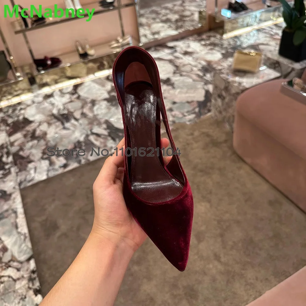 Wine Red Suede Fabric Pumps For Female Women 2024 Pointed Toe Slip-on Thin High Heel Elegant Luxury Simple Design Elegant Shoes