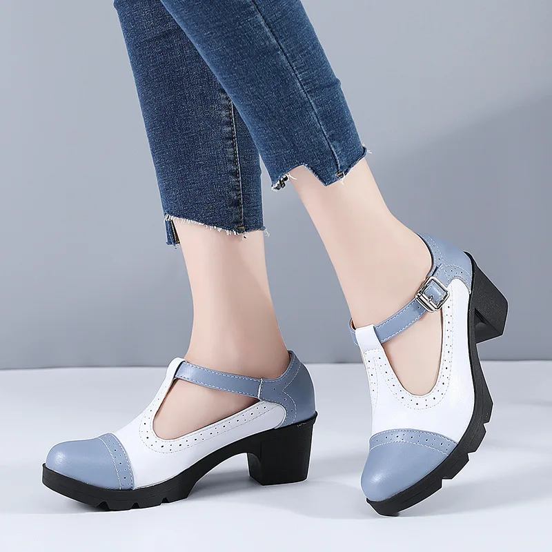 New Women Genuine Leather Buckle Strap Mary Janes Platform Shoes Woman Pumps High Heels Dress Shoes Retro Ladies Wedding Shoes