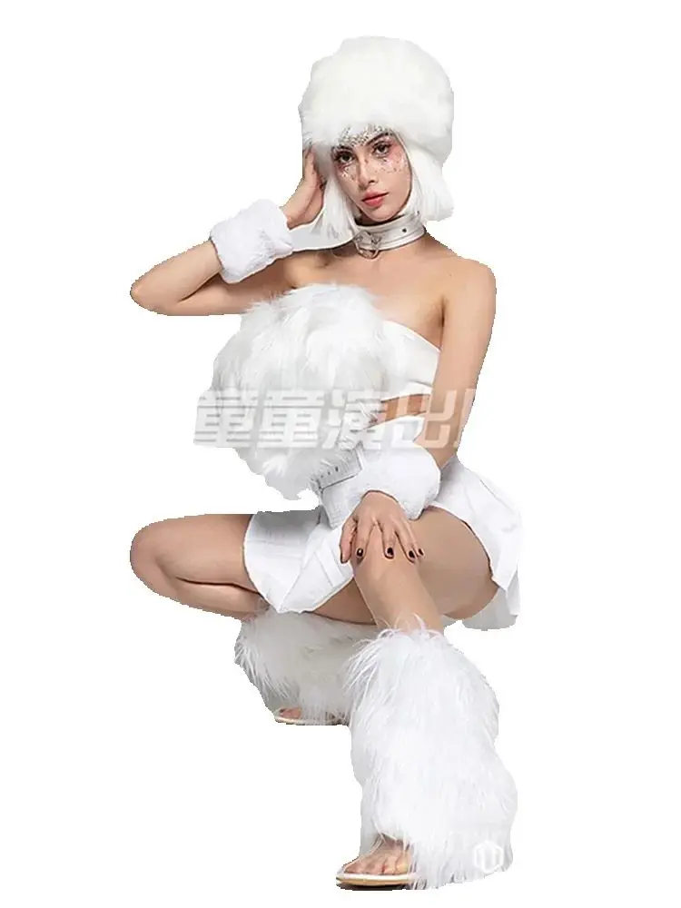 

2025 White Stage Costume Singer Showgirl Performance Suit Christmas Costume Gogo Party Show Outfit Jazz Dancewear Top SKirt Set