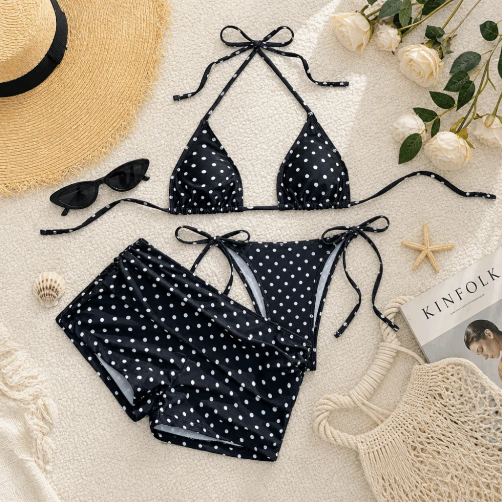 3pcs Fashion Halter 3-Piece Swimwear Dot Print Deep V Bikinis Set Lace Up Slim Fit Women Swimsuit Swimming
