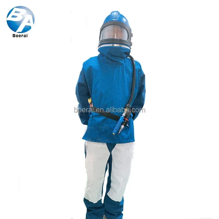 Heavy duty sandblasting suit with sandblasting helmet and respiratory protection temperature control