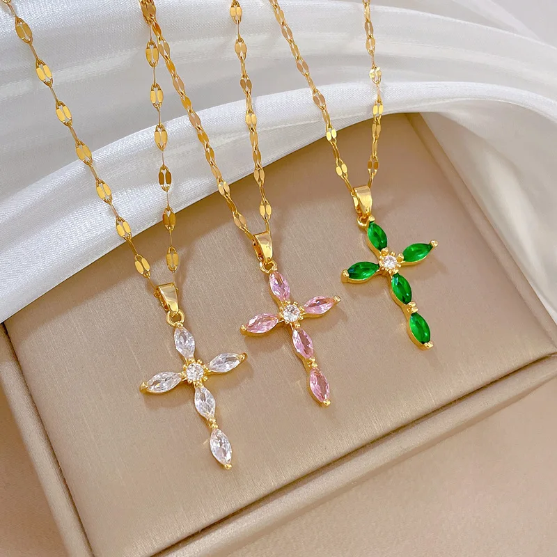 Stainless Steel Simple Stylish Cross Shape Women Pendant Necklace Colorful Stone Crystal Shiny CZ Female Fashion Jewelry Gift