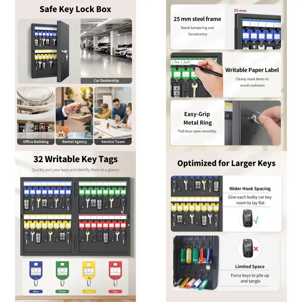 

32-позиционный замок для ключей, настенный ящик для ключей, органайзер для автомобильных ключей со стойки для записываемых ключей и бирками, шкаф для ключей безопасности, ключ от машины