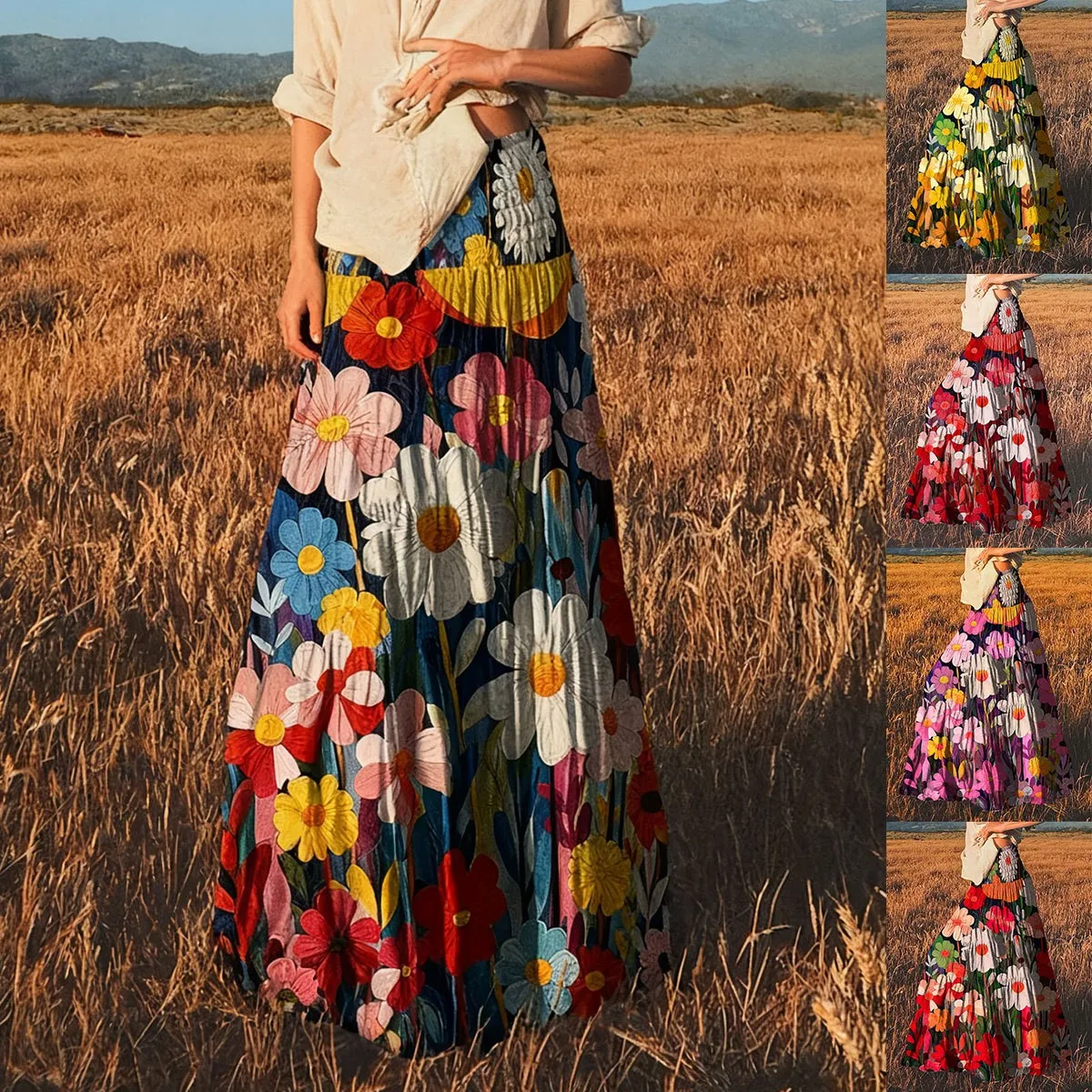 Women's Boho Floral Print Elastic Waist Midi Length Long Skirt for Women Casual Vacation Vintage Woman Clothes Bohemian Style