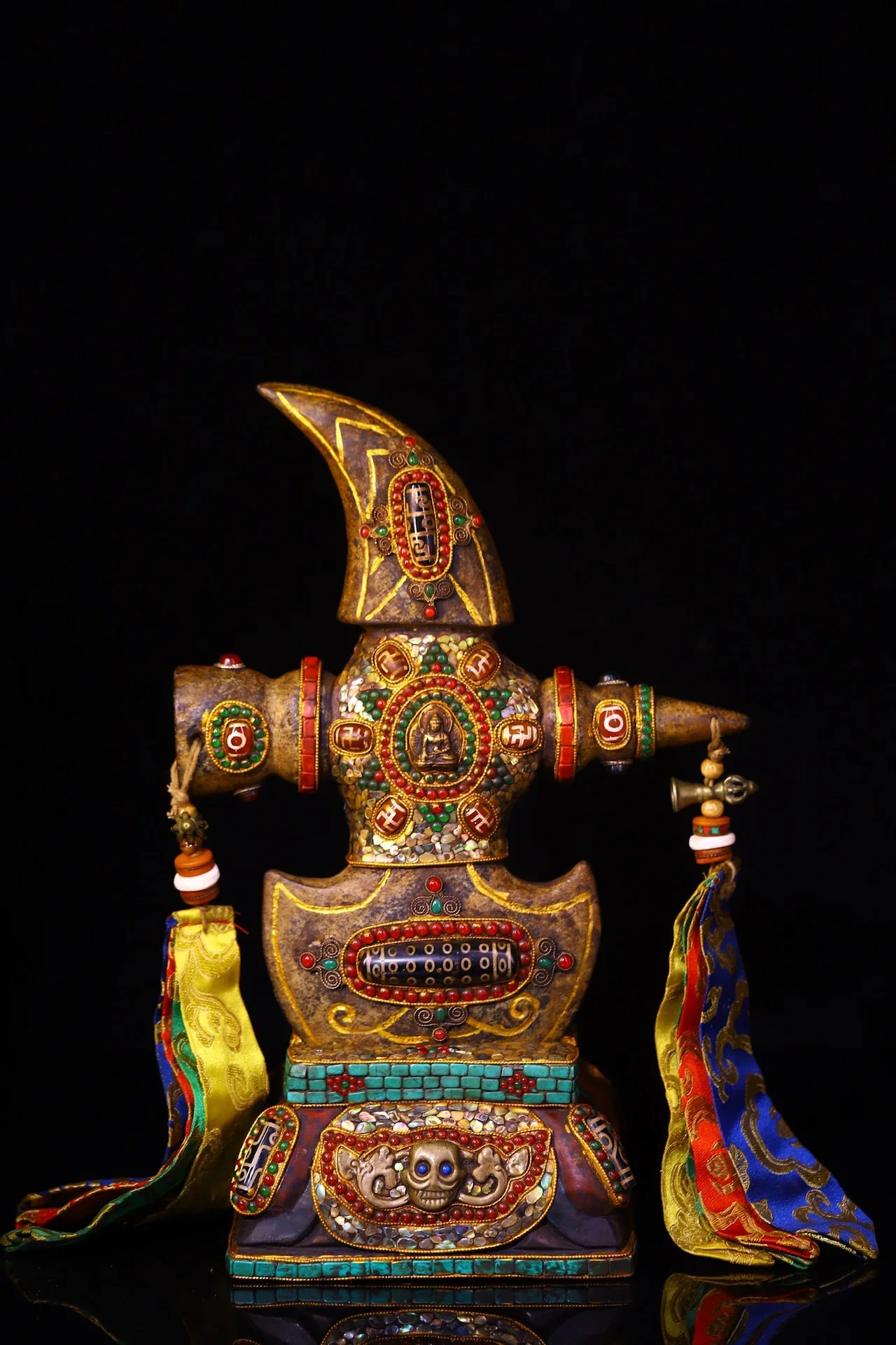 

13"Tibetan Temple Collection Old Natural Meteorite Mosaic Gem gZi Beads Shell Shakyamuni Conch shaped Vajra Base Worship Hall