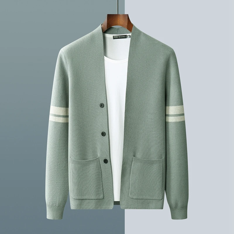 100% pure wool men's new business and leisure Joker thick knit striped cardigan jacket in autumn and winter.