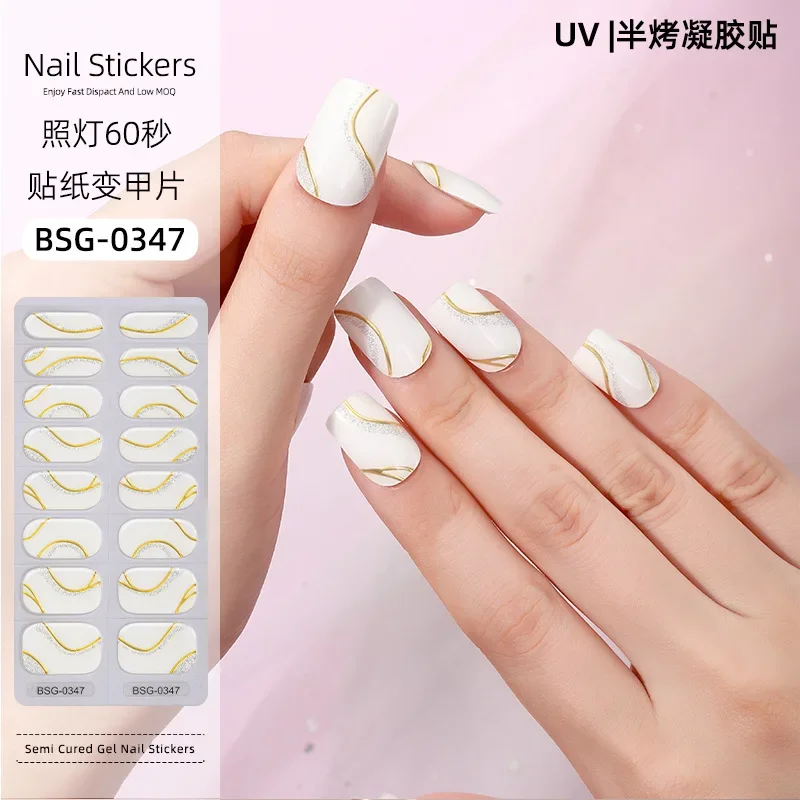 Pegatinas de uñas de Gel francés, cubierta completa semicurada, lámpara UV, 16 puntas