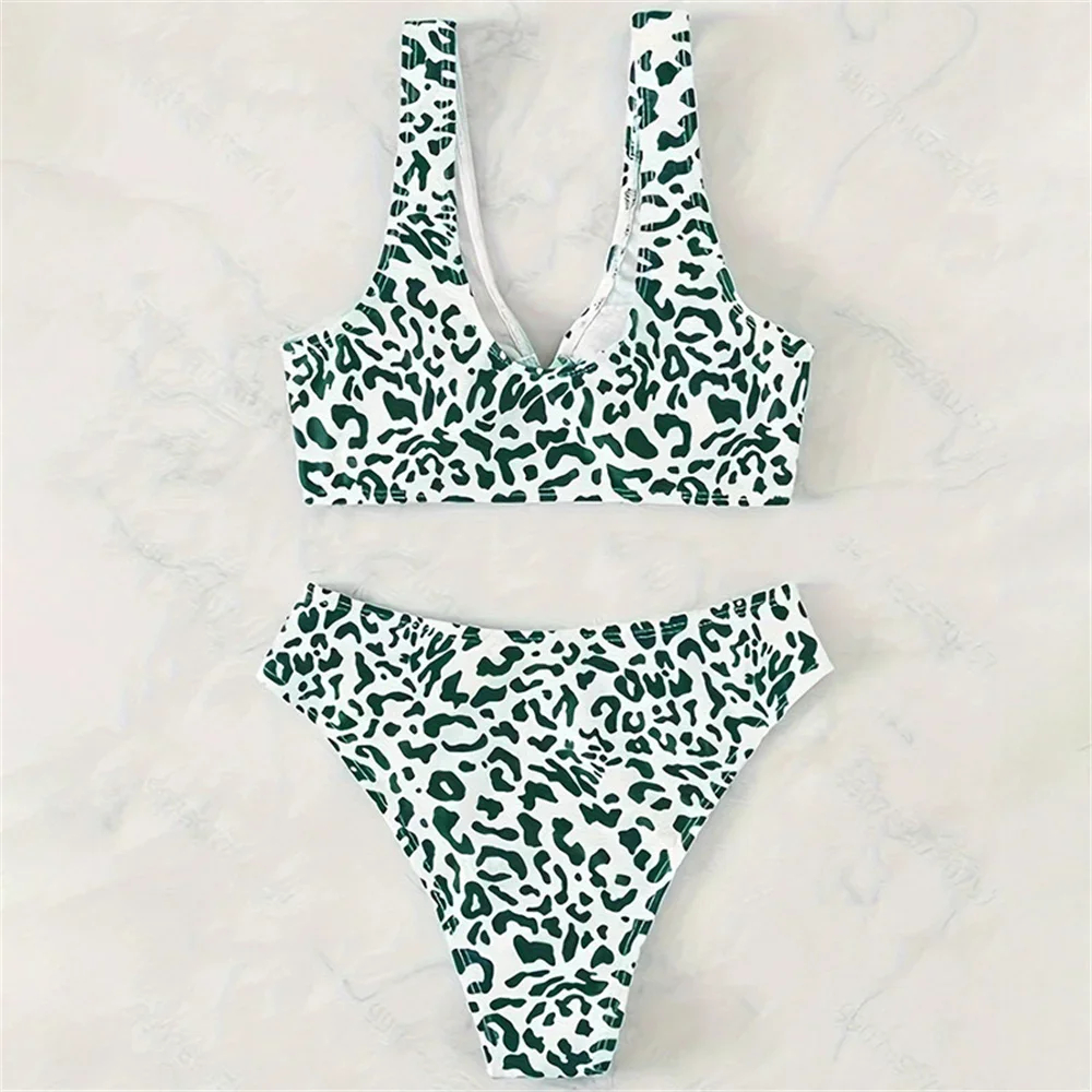 Verde leopardo biquíni anéis maiô push up tankini retalhos férias roupa de banho feminina praia verão outfits biquini