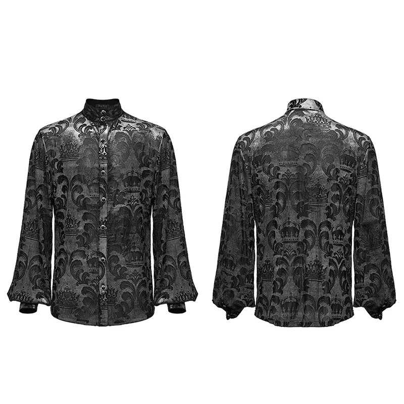 PUNK RAVE Men\'s Gothic Velvet Floral Crown Pattern Shirt Fit Design Gorgeous Party Club Black Tops Designer Clothes Men